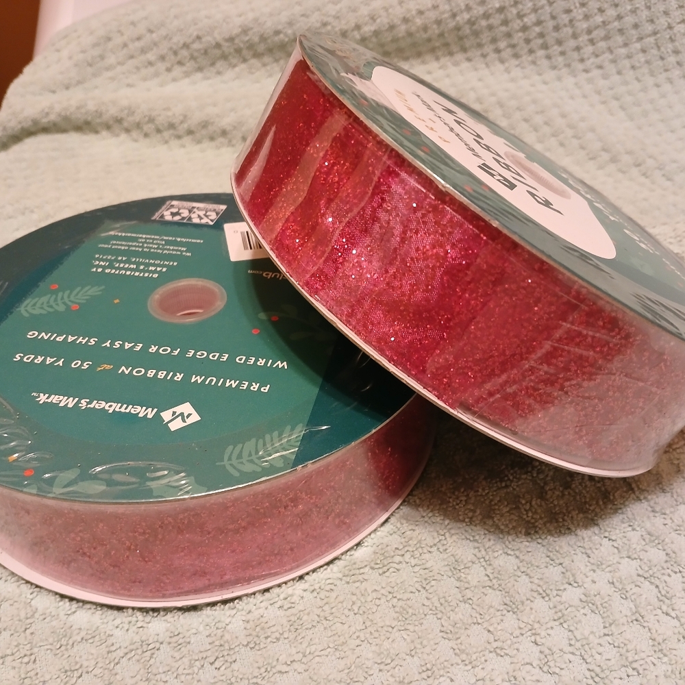 Lot of Two Member's Mark Premium Christmas Ribbon 50 Yards Each Pink Glitter